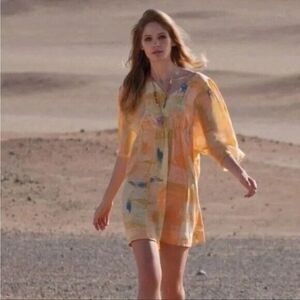Anthropologie Maeve 100% Silk Ume Yellow Watercolor Tunic Dress Sz ‎ 4